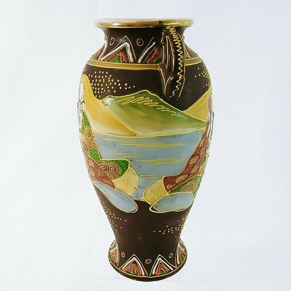 Satsuma Japanese Vase Enamel Moriage Details Gold Immortals 12" Handles - Picture 3 of 9